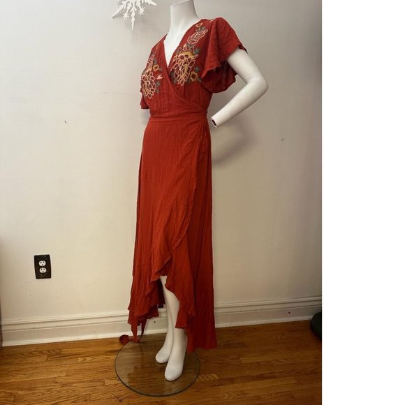Brick burnt orange long maxi dress cover-up floral embroidered asymmetrical gown - Picture 2 of 5
